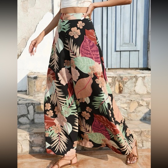 Boho floral leaves tropical print wide leg palazzo pants - Picture 5 of 12